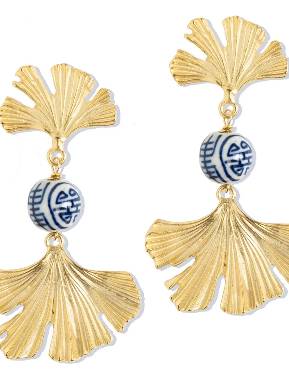 Gold Ginkgo Drop Earrings with Blue & White Porcelain Beads - Women's Earrings